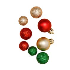 christmas ornaments are arranged in the shape of three balls and one is gold, red, green and silver