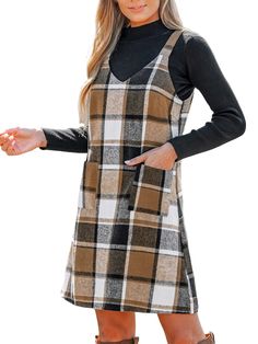 PRICES MAY VARY. [Premium Fabric]: The dress is made of 80% polyester and 20% cotton so that it is breathable and cozy with slightly elasticity. [Unique Design]: The Plaid V-Neck Mini Pinafore Dress. This dress features a classic plaid pattern and a flattering V-neckline, making it a timeless addition to your wardrobe. Step into this pinafore dress and add a dash of retro-inspired style to your everyday look, perfect for those who appreciate a blend of nostalgia and fashion-forward flair. [Perfe Green Plaid Dress, Plaid Dresses, Overalls Dress, Woolen Dresses, Red Plaid Dress, Womens Fall Dress, Fall Wear, Fall Dress, V Neck Midi Dress