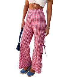 PRICES MAY VARY. Material: Polyester and cotton blend. Y2k plaid long pants, wide leg plaid print lounge pants, super soft, skin friendly, breathable, relaxed fit, are perfect for staying cool and stylish all season long. Feature: Plaid wide leg pants, side bow tie pants pajama trousers, tie up legs that give you the freedom to adjust the fit and a loose silhouette, hollow out, elastic high waist, summer sweatpants pajama bottoms, gingham lounge pants. Style: Women girls loose plaid pants, bow t Fun Pants Women, Pants Style Women, Uga Gameday, Pajama Trousers, Summer Sweatpants, Fall Gingham, Gingham Trousers, Bow Tie Pants, Gameday Fits