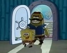 an animated image of a man holding a box in front of a door with the words spongebob on it