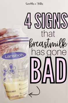 a hand holding a bag with the words 4 signs that breast milk has gone bad