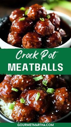 crock pot meatballs in a bowl with rice and green onions