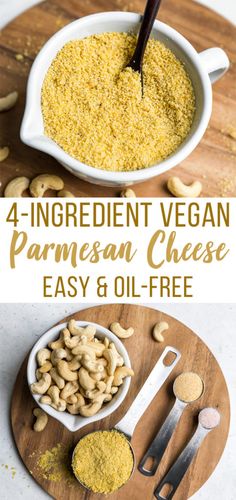 the ingredients to make this vegan parmesan cheese recipe are shown in bowls