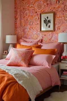 an orange and pink bedroom with floral wallpaper