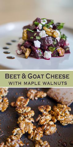 beet and goat cheese with maple walnuts on a white plate next to the recipe