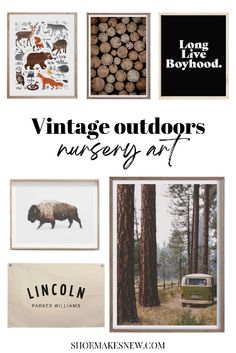 an advertisement for vintage outdoorss nursery art featuring pictures of animals, trees and other things