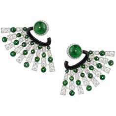 18k gold Earclips set with cabochon Emeralds weighing 11.56cts and Diamonds weighing 3.65cts accented with Onyx in a fan design. Marked. 750. Julary Jewelry Design, Jadeite Jewelry, Bridal Hair Ornaments, Nice Earrings, Fan Jewelry, Baroque Pearl Necklace, Jade Jewelry, Deco Jewelry, Vintage Clip