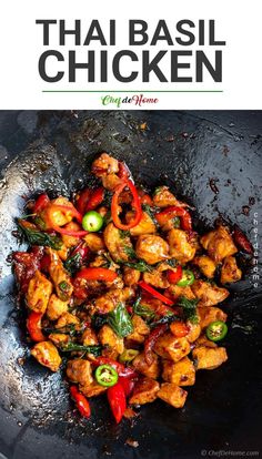 thai chicken in a wok with red peppers and green onions on the side text reads, thai basil chicken