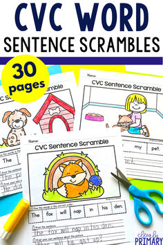 the cvc word sentence scrambles with scissors and pencils on top of it