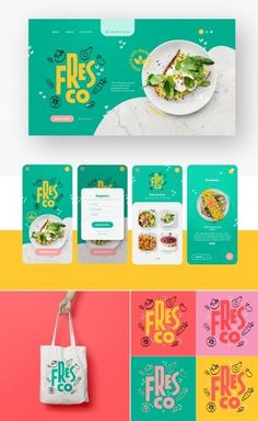 the food menu is displayed in different colors and styles, including green, pink, yellow, and blue