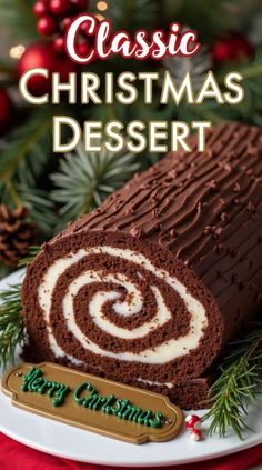 a chocolate christmas dessert on a plate with the words classic christmas dessert in front of it