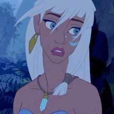 an animated image of a woman with white hair and blue eyes, wearing a necklace