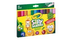 a box of crayon silly scented markers with fruit and vegetables on the front