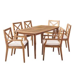 a wooden table and chairs with white cushions on top of each chair in front of a white background