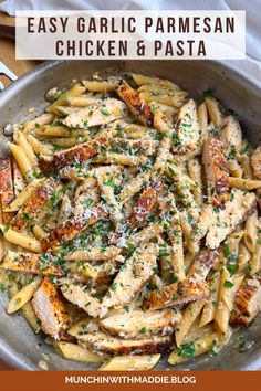 chicken and pasta with parmesan sauce in a skillet