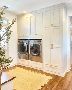 a washer and dryer in a white laundry room with wood flooring, built - in cabinets, and a potted plant