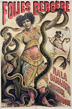 an old poster with a woman holding a snake in her hand and other snakes around her neck