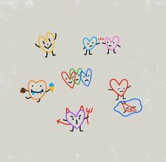 four hearts and two cats are drawn with colored chalks on a gray background, while the third one is holding a paintbrush