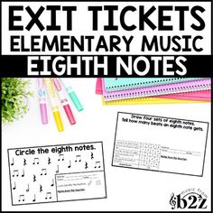 an exit ticket for elementary music with notes and pencils on the table next to it