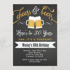 cheers and beers birthday party card with two beer mugs on the front, black background