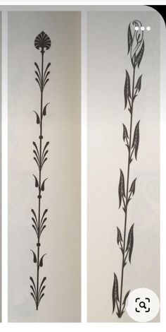 three different images of flowers and leaves on a white wall, one with black ink