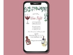 an iphone with a wine themed wedding card on it