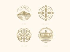 four different types of logos with the words, water and mountains in gold on a white background