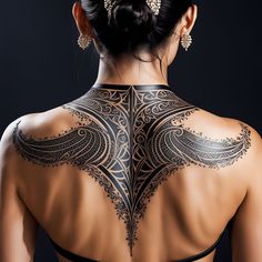 the back of a woman's body with intricate tattoos on her shoulder and neck