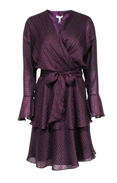 Get ready to turn heads in the playfully polished Marcel Dress by Joie. Crafted from sleek chiffon in a gorgeous plum purple, this chic number boasts a waist tie, surplice neckline and sophisticated houndstooth print. The tiered skirt and flared sleeves add a romantic touch, making this dress the perfect choice for a fun and flirty date night look. Size S Shell 100% Polyester Lining 100% Polyester Pullover Elastic waistband w/ tie Flared cuffs w/ buttons Surplice neckline Ruffled tiers Bust 40" Wedding Dress Organza, Circle Dress, Black Houndstooth, Ruffled Dress, Beaded Gown, Midi Sheath Dress, Tulle Prom Dress, Plum Purple, Ball Gown Dresses