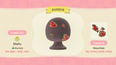 an animal crossing game with the name zombie on it's head and other items