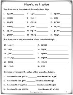 the worksheet for place value practice is shown in black and white, with numbers on