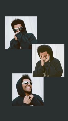 four photos of a man with sunglasses and a hoodie talking on a cell phone