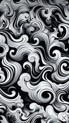 an abstract black and white background with swirly waves in the center, as well as clouds