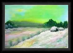 a painting of snow covered fields and trees with green sky in the background, watercolor on paper