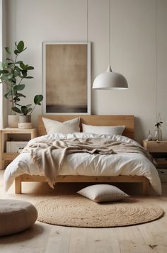 a bed sitting in a bedroom next to a plant on top of a wooden floor