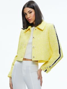 Tammy 50s Style Jacket In Happy Yellow Chic Long Sleeve Outerwear With Embellished Collar, Trendy Fitted Tweed Jacket For Spring, Chic Party Tweed Jacket, Fitted Outerwear With Embellished Collar For Work, Retro Long Sleeve Tweed Jacket For Spring, Trendy Spring Tweed Jacket With Button Closure, Chic Spring Tweed Jacket With Lapel Collar, Ss 2024, Happy Yellow