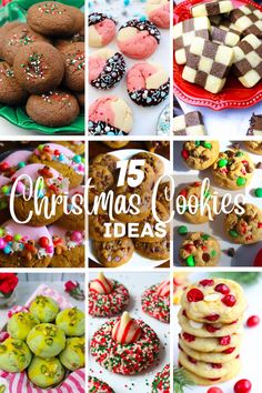 christmas cookies and desserts are featured in this collage with the words, 15 christmas cookies