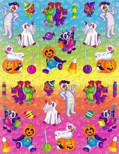 an image of halloween decorations on a colorful background with pumpkins and ghostes in the middle