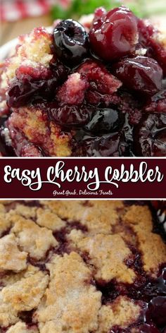 an easy cherry cobbler recipe with fresh cherries on top