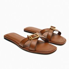 Summer Gold Buckle Women Flat Slippers Brown Leather Women Slides Casual Open Toe Gladiator Sandals Woman Plus Size Shoes42 Zebra Shoes, Slippers Brown, Sandals Woman, Flat Slippers, Womens Gladiator Sandals, Women Slides, Womens Sweatshirts Hoods, Flat Slipper, Brown Leopard