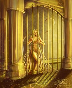 a painting of a woman in a golden dress standing behind bars with her hands on her hips