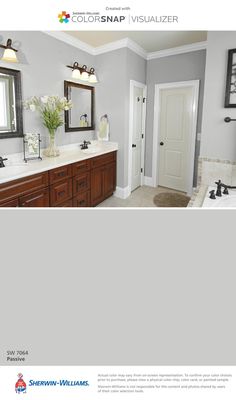 a bathroom with gray walls and white trim