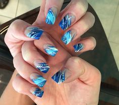 Blue nails Crazy Nail Designs, Silver Nail Designs, Feather Nails, Art Deco Nails, French Manicure Nails, Pretty Nail Art Designs, Blue Nail Designs, Nail Swag