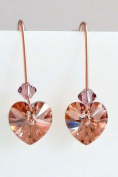 Handmade crystal heart earrings Rose Gold Sterling Silver Dangle Heart Earrings, Rose Gold Ear Wire Jewelry For Valentine's Day, Hypoallergenic Rose Gold Heart Dangle Earrings, Rose Gold Crystal Earrings With Ear Wire As Gift, Swarovski Heart, Crystal Heart Earrings, Handmade Crystal Jewelry, Sweet Earrings, Rose Gold Crystal