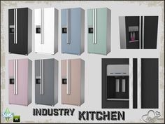 several different colored refrigerators are shown with the words industry kitchen written on them in black and white