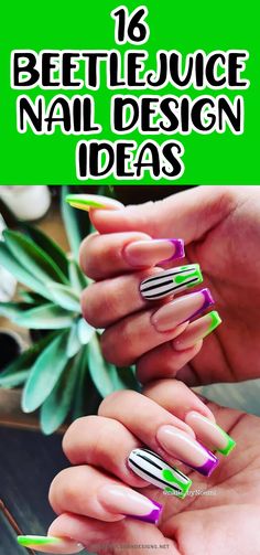 Are you ready to add a spooky twist to your nail game? Look no further than these 16 Beetlejuice nail design ideas. From stripes to polka dots to skulls, these nails will have you feeling like you stepped straight out of the iconic Tim Burton movie. Cool Halloween Nail Designs, Simple Goth Nail Designs, Beetlejuice Themed Nails, Beetlejuice Halloween Nails, Battle Juice Nails, Halloween Beetlejuice Nails, Beetlejuice Nail Ideas, Beetlejuice Acrylic Nails, Nettle Juice Nails