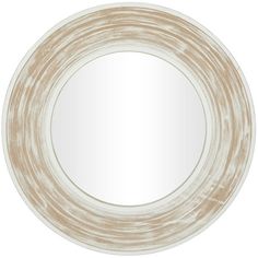 a white and beige circular mirror on a white background with an aged wood grain pattern