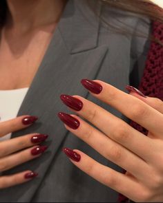 Red Pointed Almond Nails, Kendall Jenner Red Nails, Rich Red Nails, French Manicure Different Colors, Almond Wine Red Nails, Almond Wine Nails, Elegant Long Almond Nails, Cherry Red Nails Aesthetic, Deep Red Gel Nails