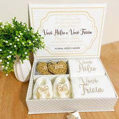 two baby shoes in a box next to a potted plant on a wooden table