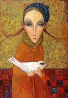 a painting of a woman holding a white bird